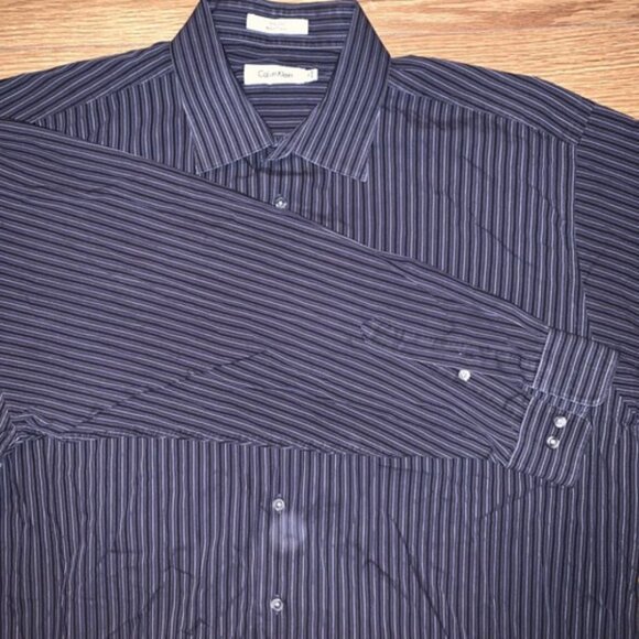 Mens Calvin Klein 18 34/35 Black Blue Stripped Button Down Shirt Long Sleeve - Picture 1 of 7